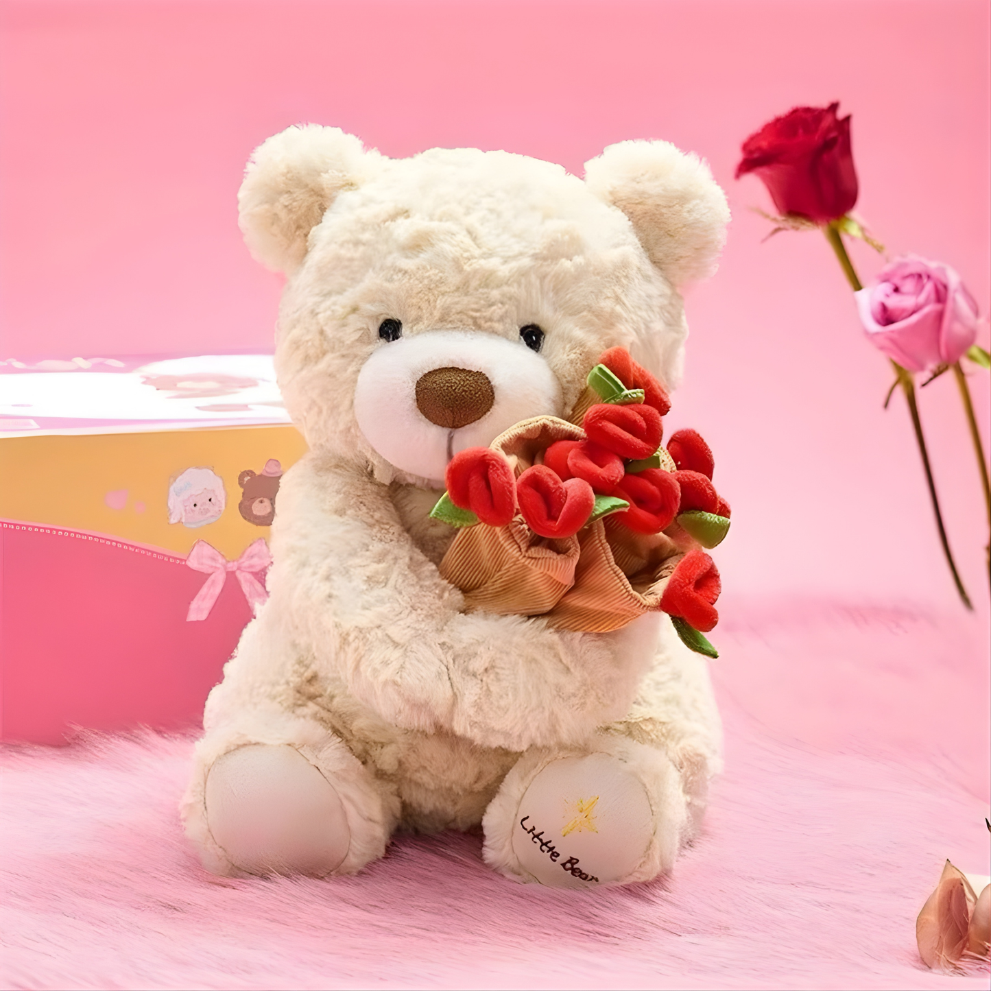 Kawaii Teddy Bear with Transforming Rose Bouquet.